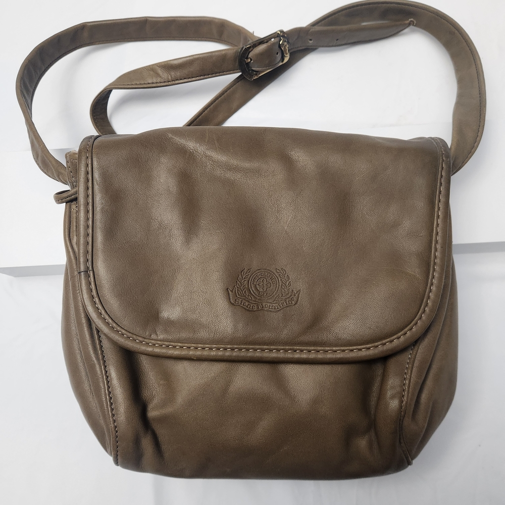 Vintage Stone Mountain Taupe Leather Crossbody Shoulder Bag Classic Casual